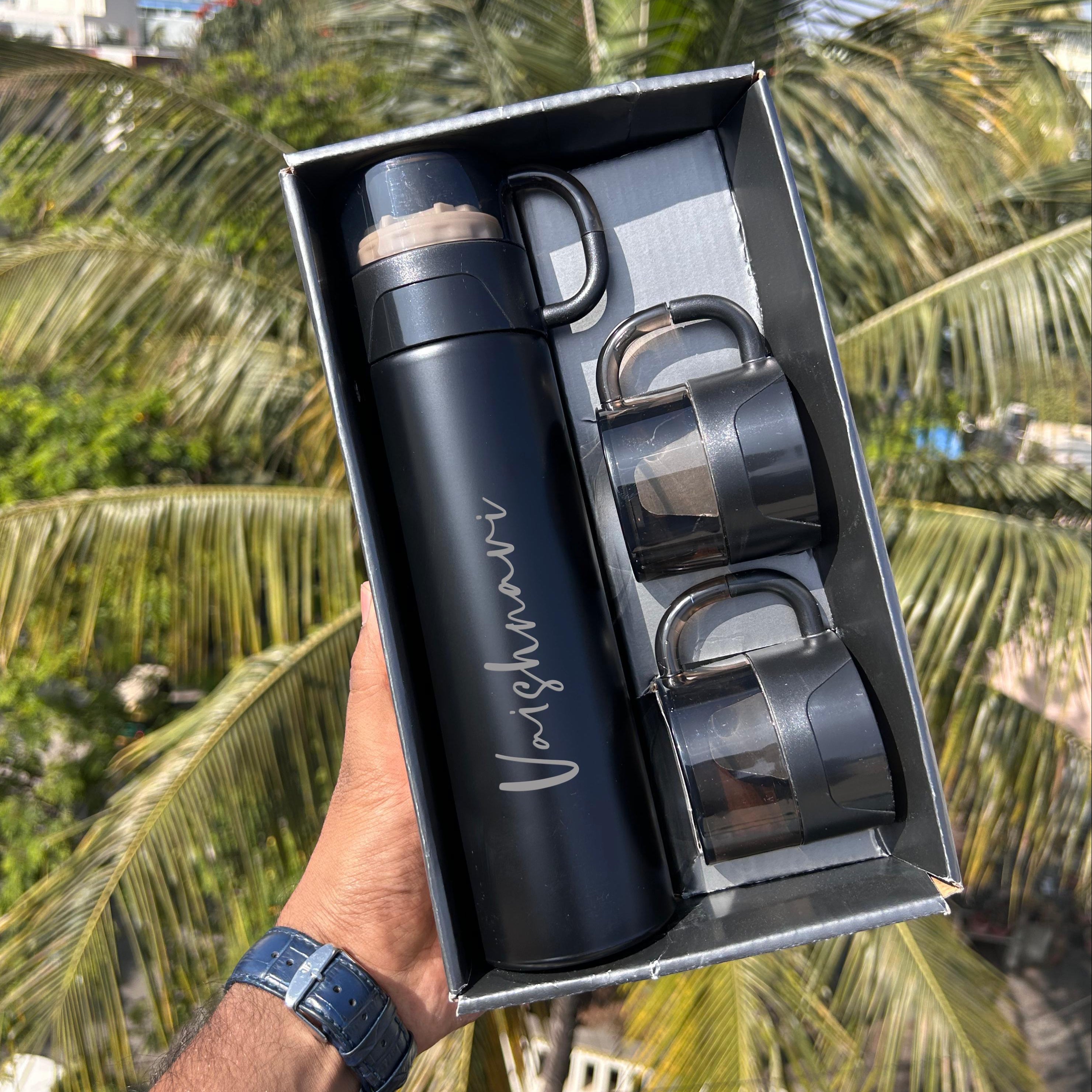 Personalised Alexa 500ML Flask Cup Gift Set  With 2 Cups - The Gifting Era - personalised flask gift set, custom name flask with cups, gift set with flask and cups, hot and cold flask personalised, personalised gift for office, rakhi gift with flask, flask gift set for men and women, flask with 2 cups gift set, flask bottle gift box, custom flask india