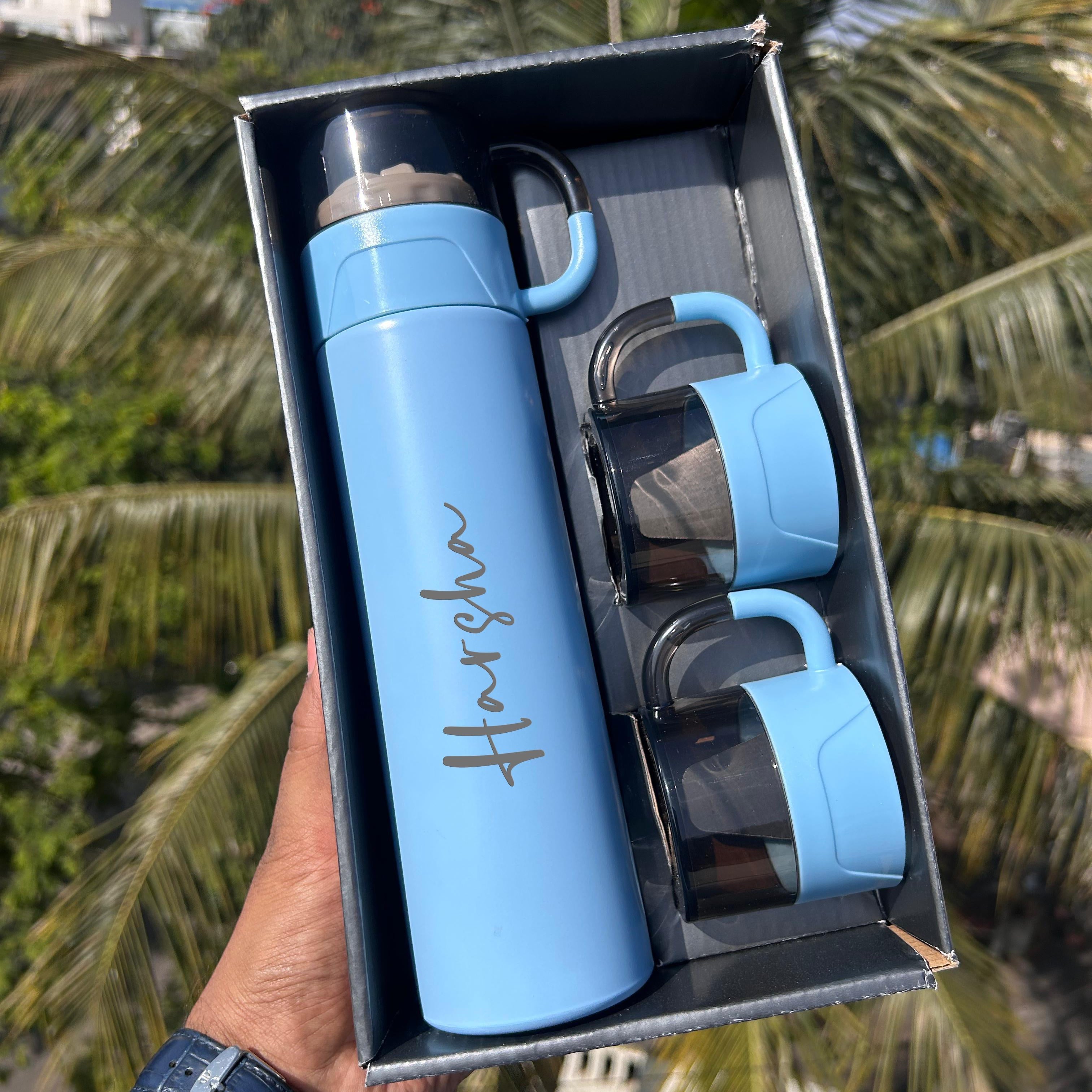 Personalised Alexa 500ML Flask Cup Gift Set  With 2 Cups - The Gifting Era - personalised flask gift set, custom name flask with cups, gift set with flask and cups, hot and cold flask personalised, personalised gift for office, rakhi gift with flask, flask gift set for men and women, flask with 2 cups gift set, flask bottle gift box, custom flask india