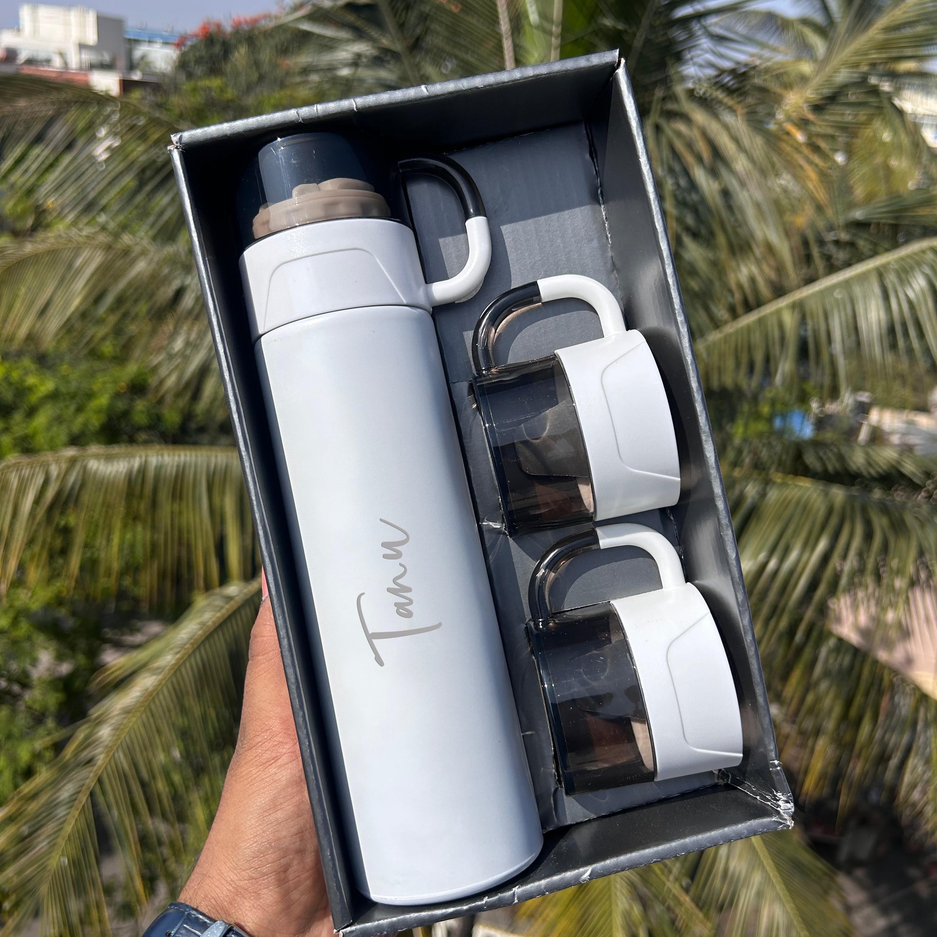 Personalised Alexa 500ML Flask Cup Gift Set  With 2 Cups - The Gifting Era - personalised flask gift set, custom name flask with cups, gift set with flask and cups, hot and cold flask personalised, personalised gift for office, rakhi gift with flask, flask gift set for men and women, flask with 2 cups gift set, flask bottle gift box, custom flask india