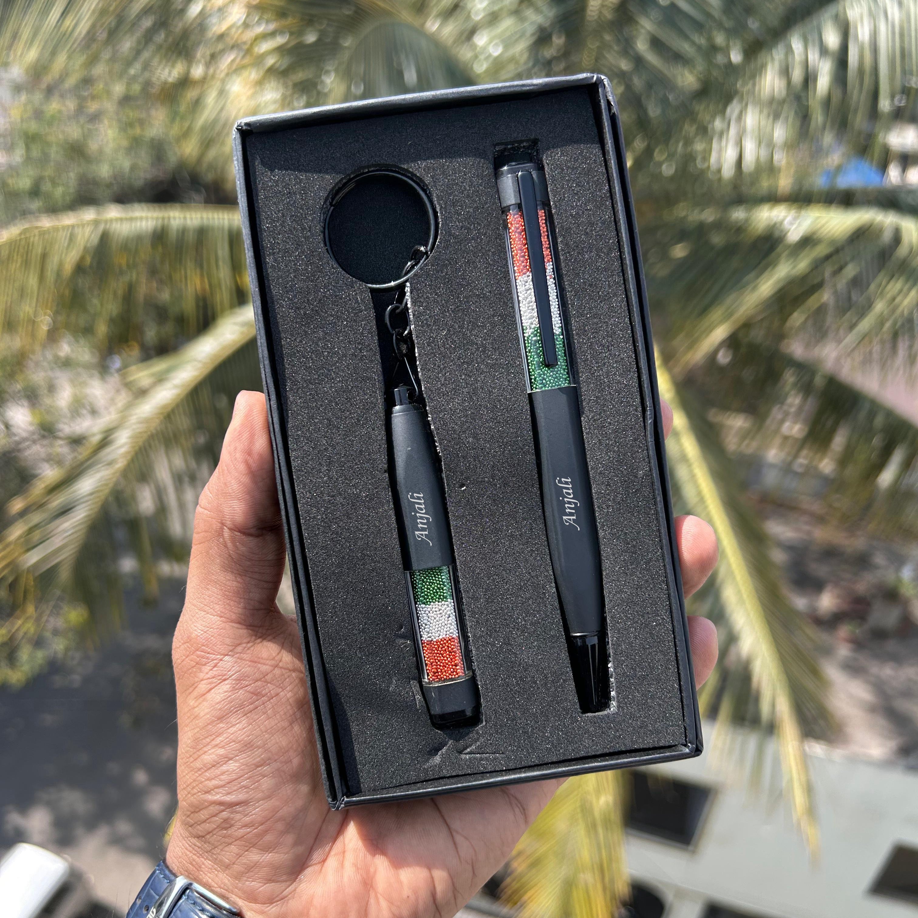 Personalised Tricolor Metal Cube Pen & Keychain Set with Matte Finish - The Gifting Era