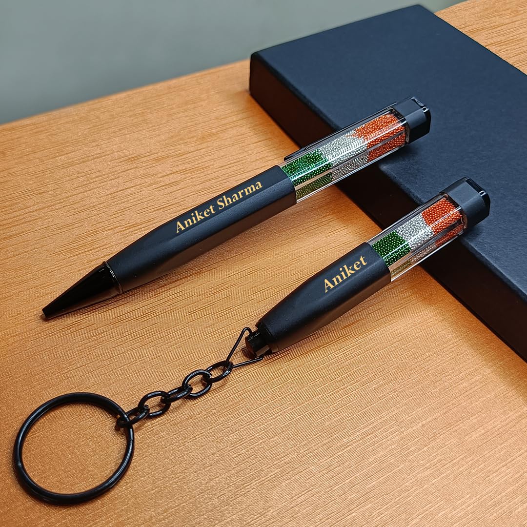 Personalised Tricolor Metal Cube Pen & Keychain Set with Matte Finish - The Gifting Era