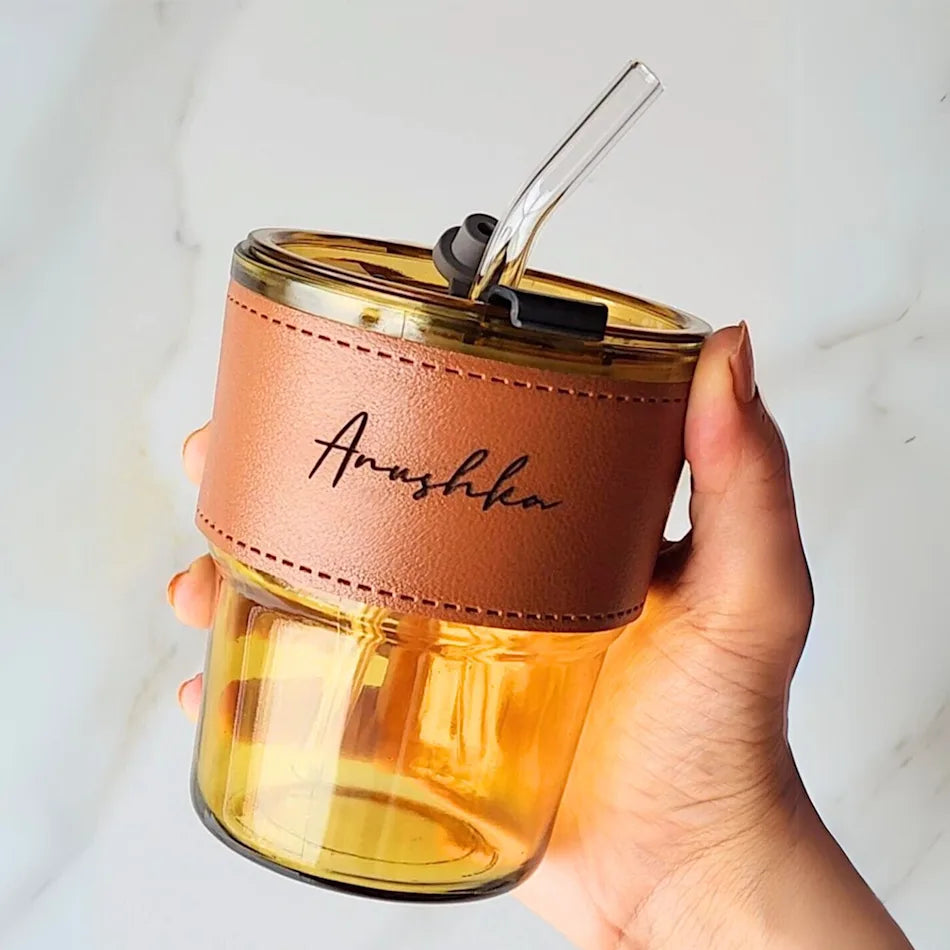 Personalised Premium Leather Sleeve Glass Coffee Tumbler with Glass Straw