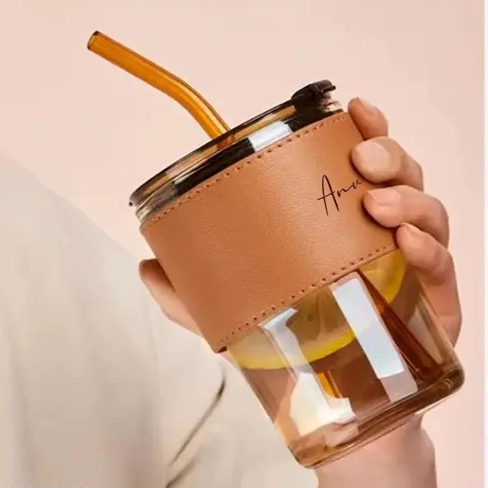 Personalised Premium Leather Sleeve Glass Coffee Tumbler with Glass Straw