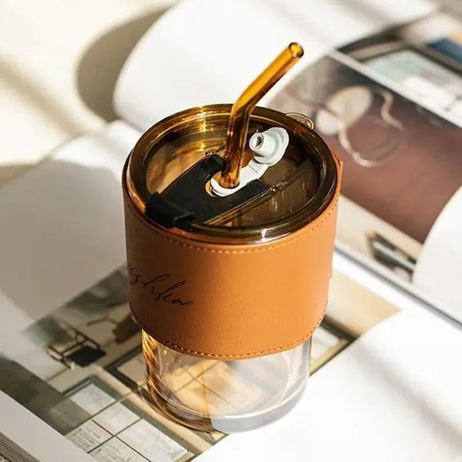 Personalised Premium Leather Sleeve Glass Coffee Tumbler with Glass Straw