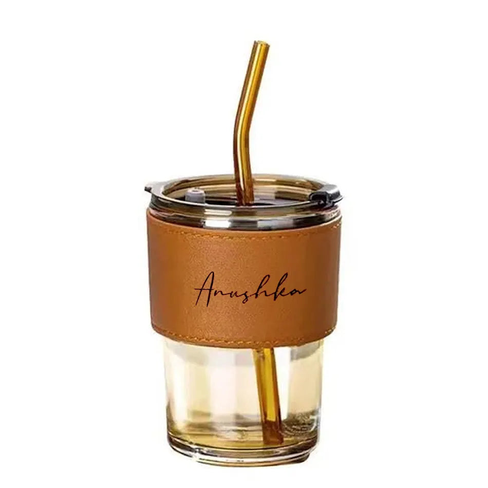 Personalised Premium Leather Sleeve Glass Coffee Tumbler with Glass Straw