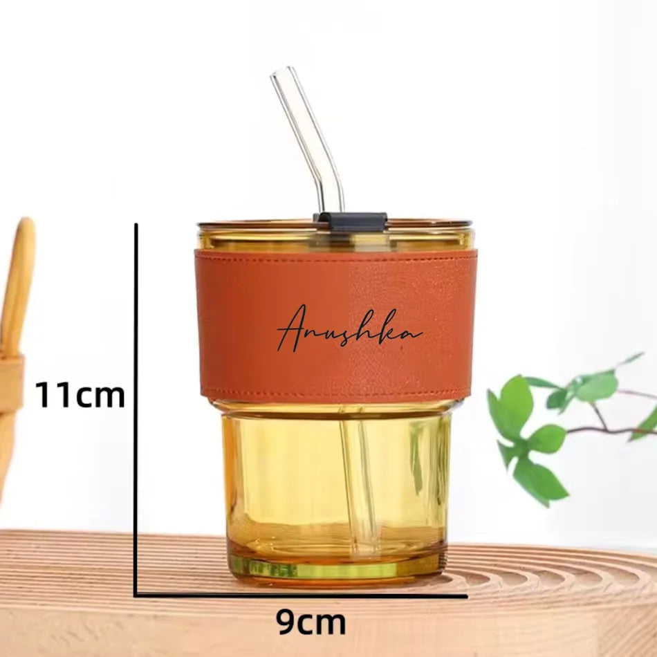 Personalised Premium Leather Sleeve Glass Coffee Tumbler with Glass Straw